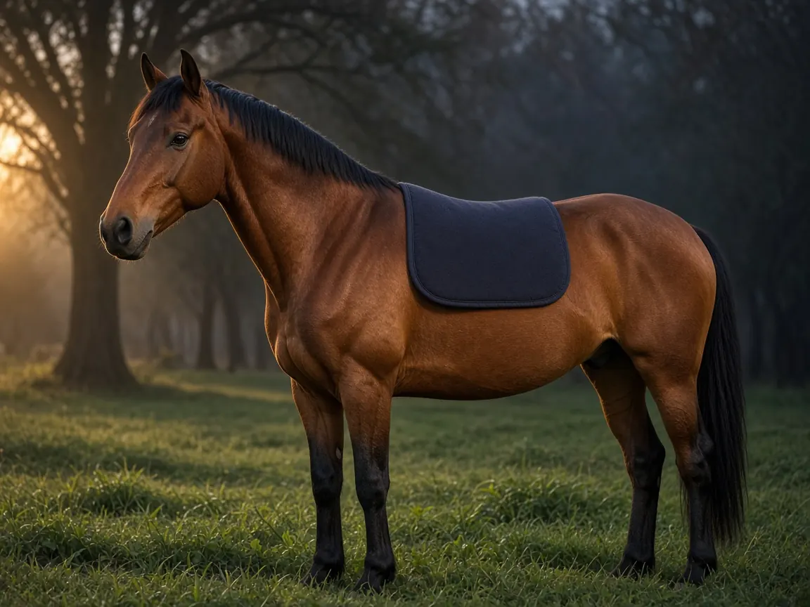 Illustration of a bay horse in a park