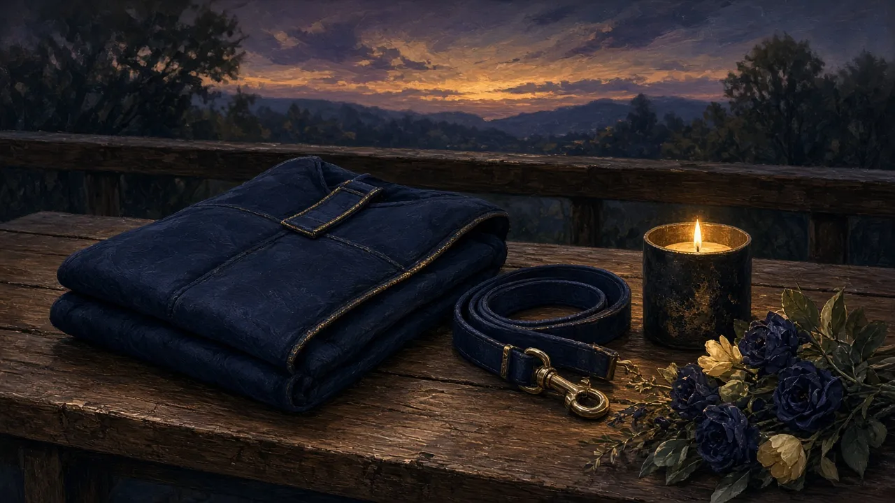 Illustration of a folded dog vest, leash, candle and flowers