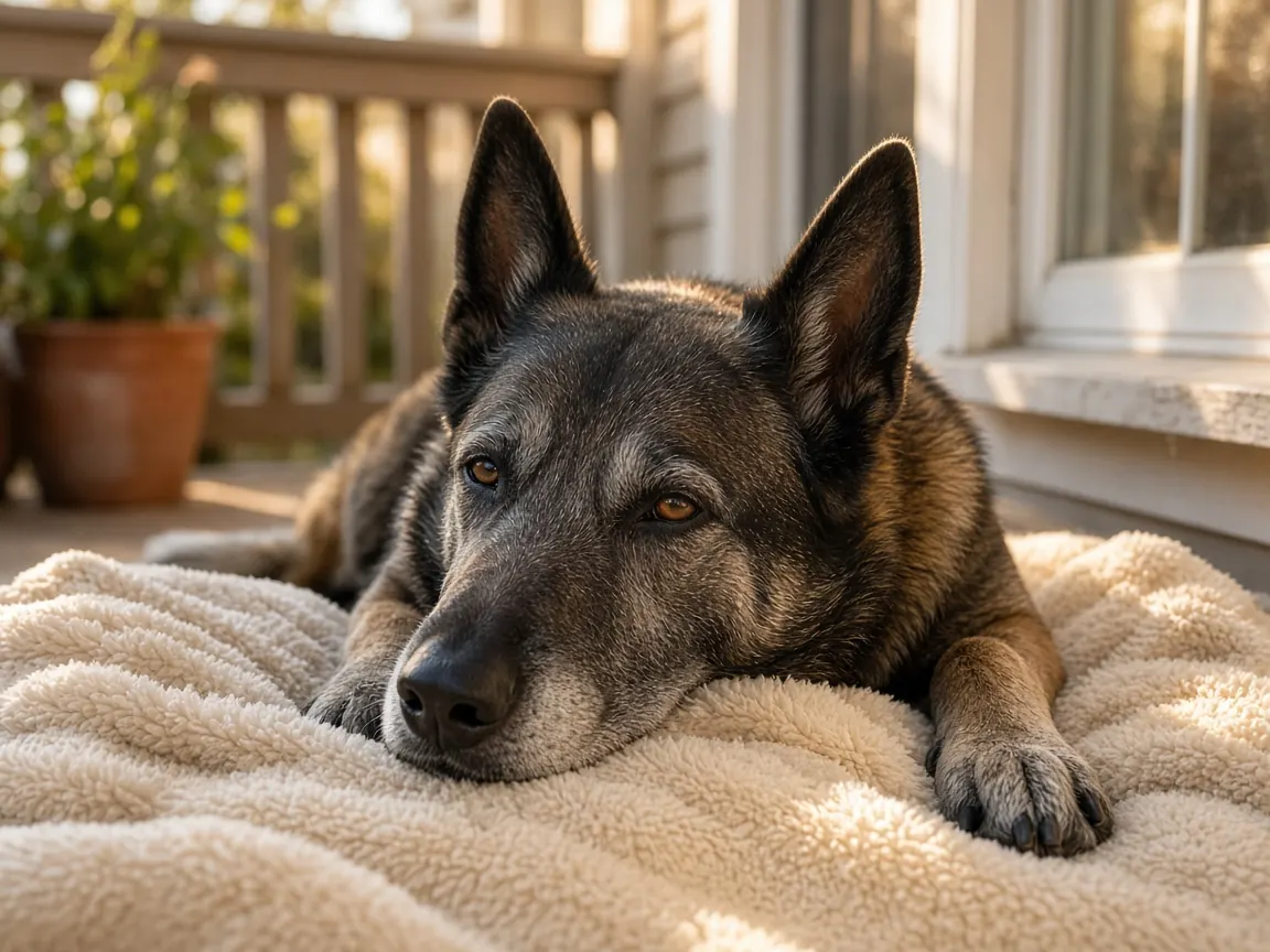 Illustration of an older working dog resting on a porch